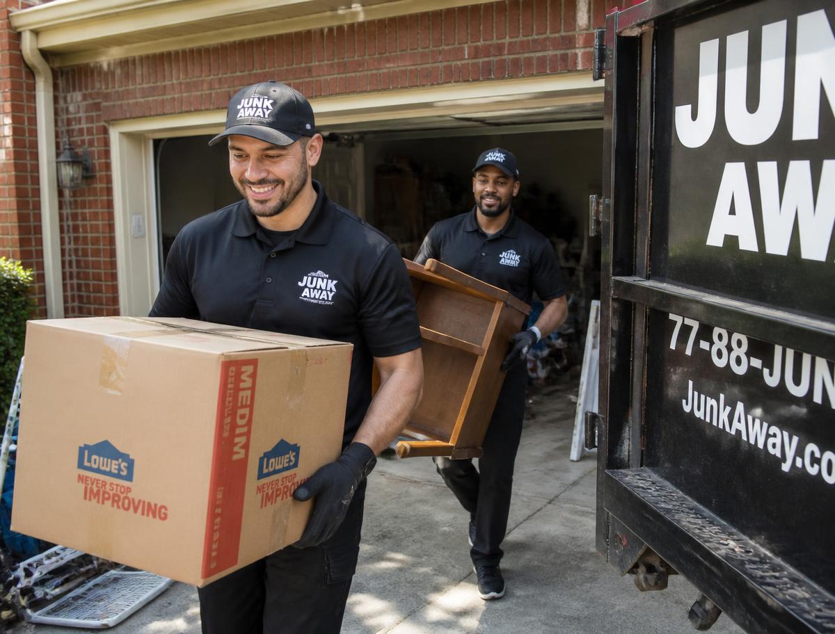 Uniformed removal crew carrying boxes and furniture out of a garage to their truck